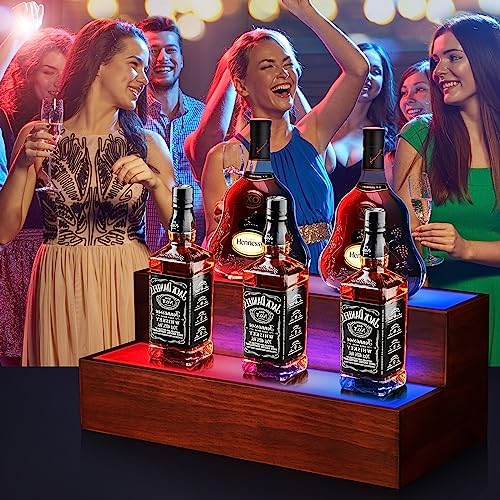 LED Liquor Bottle Display Shelf, 2 Tier Real Wood Bar Shelves for Liquor Bottles, Lighted Bar Bottle Display Shelf with Remote, Bottle Organizer for Home Bar, Holds Up to 10 Bottles, No Assembly - Image 5