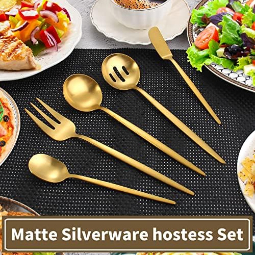 VANVRO Matte Gold Serving Silverware Set, 5-Piece Round Shared Utensils Set of Stainless Steel, Hostess Flatware Serving Set, Satin Finish, Dishwasher Safe - Image 5