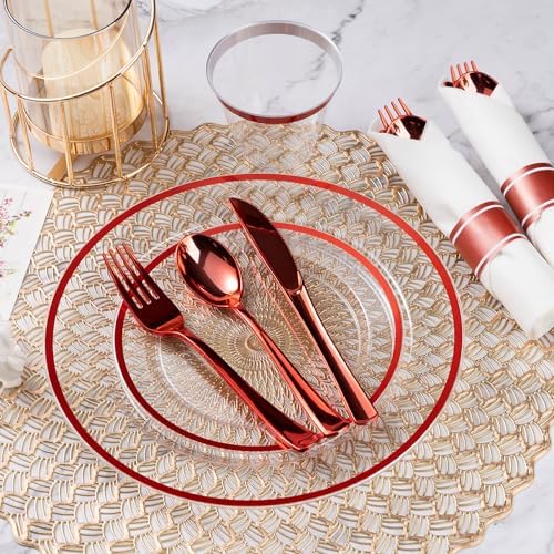 Goodluck 175 Pcs Clear Red Plastic Dinnerware Sets for Party for 25 Guests - Image 5