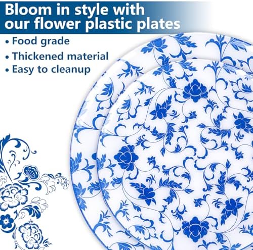 60 PCS Blue Plastic Plates - Blue Floral Plates - Disposable Decorative Plate Sets Include 30 Dinner & 30 Dessert Plate for Wedding Birthday Party Supplies - Image 4
