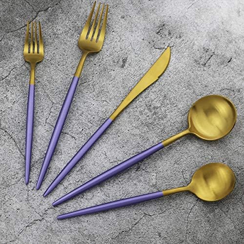 20-Piece 18/10 Stainless Steel Flatware Silverware, Luxury Dinnerware Set Travel Cutlery Tableware Include Knife Fork Spoon Service for 4, Dishwasher Safe (Purple Handle Matte Gold) - Image 2