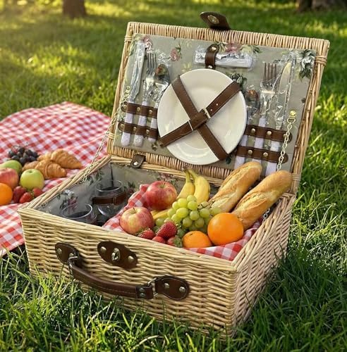 Multifunctional Wicker Picnic Basket Set for 2 Adult with Blankets & Flower - Image 6