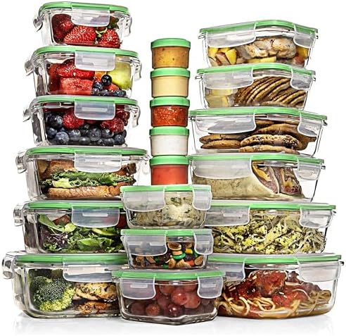 Razab 35 Pc Set Glass Food Storage Containers with Lids - Meal Prep Airtight Bento Boxes BPA-Free 100% Leak Proof (15 lids,15 glass & 5 Plastic Sauce/Dip Containers) by RazabHomeGoods