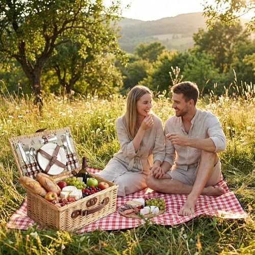 Multifunctional Wicker Picnic Basket Set for 2 Adult with Blankets & Flower - Image 2
