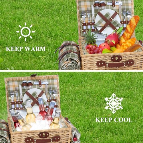 Wicker Picnic Basket for 2, Blanket & Wine Pouch, 16.6" Green - Image 5