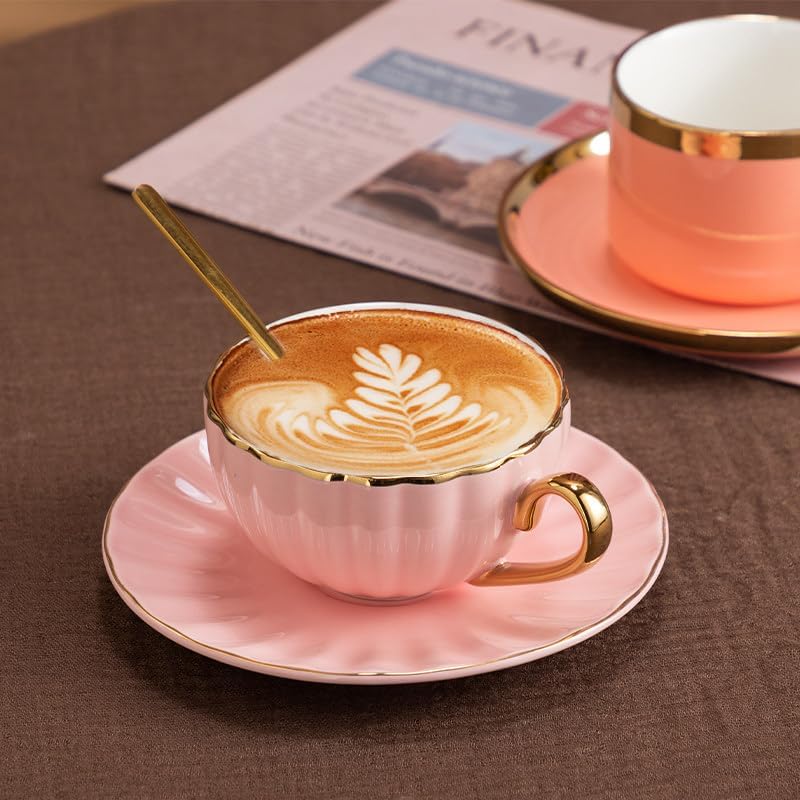 ICHAG Bone China Pumpkin Cup & Saucer Set of 6, 5 colors,8oz, Real Gold Trim on Cup Rim & Handle, Dual-Purpose for Coffee & Tea, Luxury Elegant Tea Cups with 6 Matching Spoons - Image 2