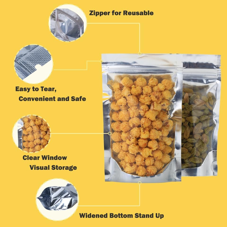 500-Pack Reclosable Large Mylar Bags for Food Storage 6.3" x 9.5" Stand Up Pouch Bags Bulk Resealable Smell Proof Aluminum Silver Foil Bags with Clear Window Kitchen Storage Edible Packaging - Image 2