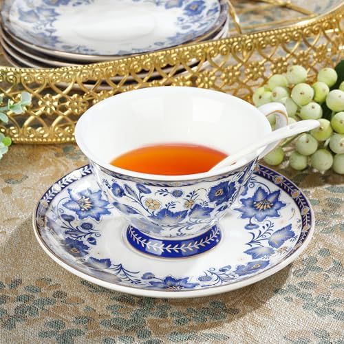 fanquare Porcelain Tea Sets,Blue British Coffee Cups& Saucer Service for 6, with Teapot,Sugar Bowl,Creamer Pitcher and Golden Metal Rack - Image 4
