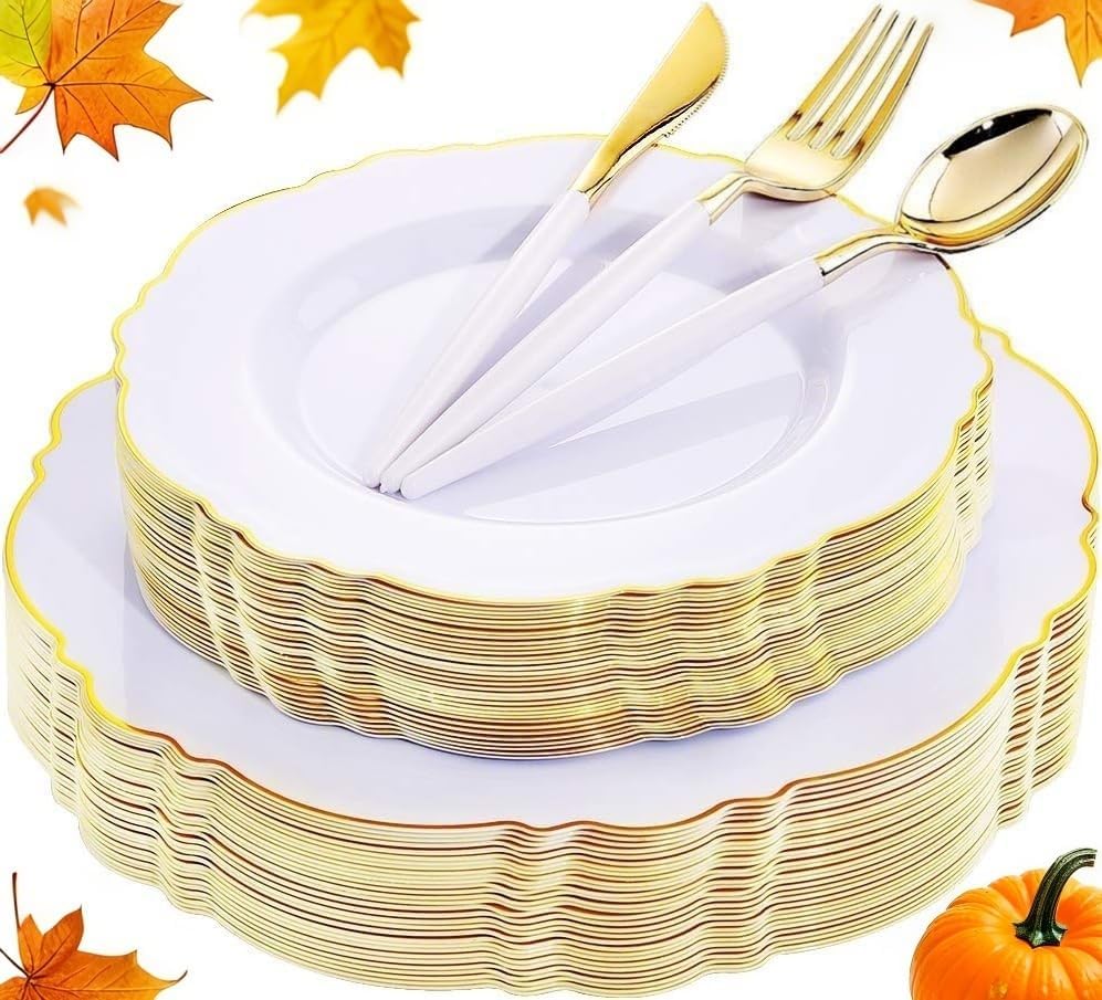WDF 30Guest Gold Plastic Plates - High-end Baroque Design - 10.25&7.5in Wedding White and Gold Plates Disposable for Birthday/Baby Shower/Wedding/Party/Thanksgiving by WDF