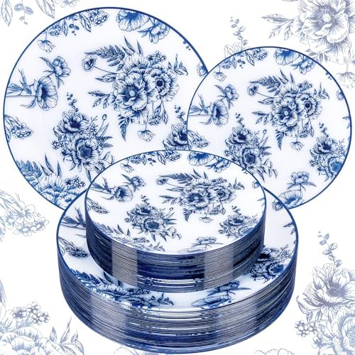 60PCS Blue Floral Plates Disposable - Blue Plastic Plates - Blue and White Plate Include 30 Dinner & 30 Dessert Plates for Bridal Birthday Wedding Party Decorative by Joyido