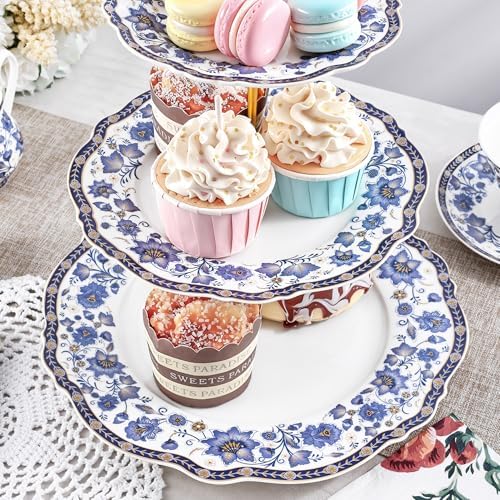 fanquare 3-Tier Elegant British Blue Floral Porcelain Cupcake Stand - Image 3