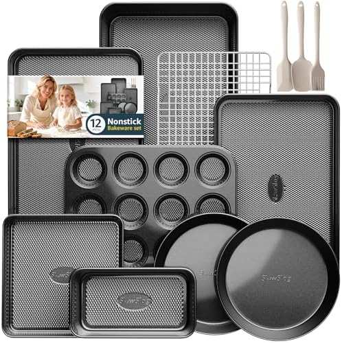 12-Piece Nonstick Bakeware Set, Stackable Non Toxic Baking Pans Set - Black by SlowSLog