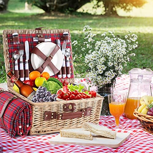 Wicker Picnic Basket for 4 with Waterproof Blanket Red Grid - Image 2