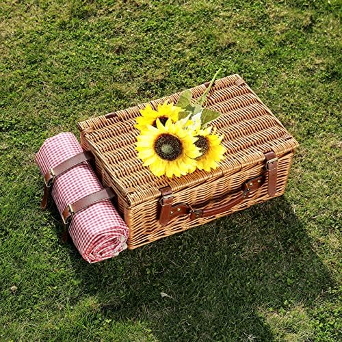 Red Plaid Wicker Picnic Basket for 4 with Waterproof Blanket - Image 7
