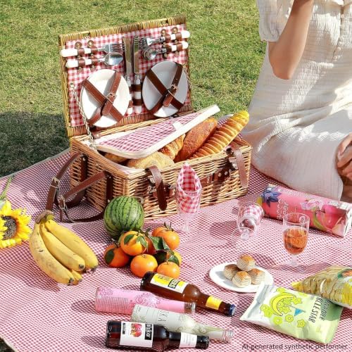 Red Plaid Wicker Picnic Basket for 4 with Waterproof Blanket - Image 2