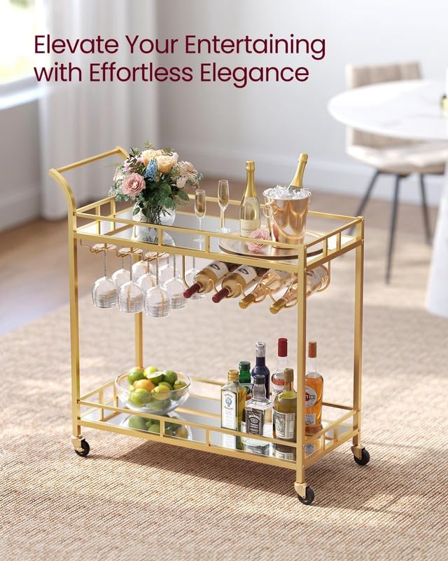 VASAGLE Bar Cart with 2 Mirrored Shelves, Wine Holders, Glass Holders - Image 4