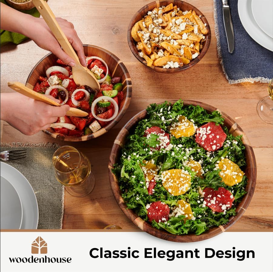 Wooden Salad Bowl Set of 3, Round 12" 10" 8" Wood Bowls for Serving Food - Image 5